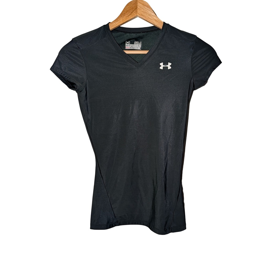 Under Armour‎ Womens HeatGear Compression Shirt Black V-Neck Short Sleeve SM